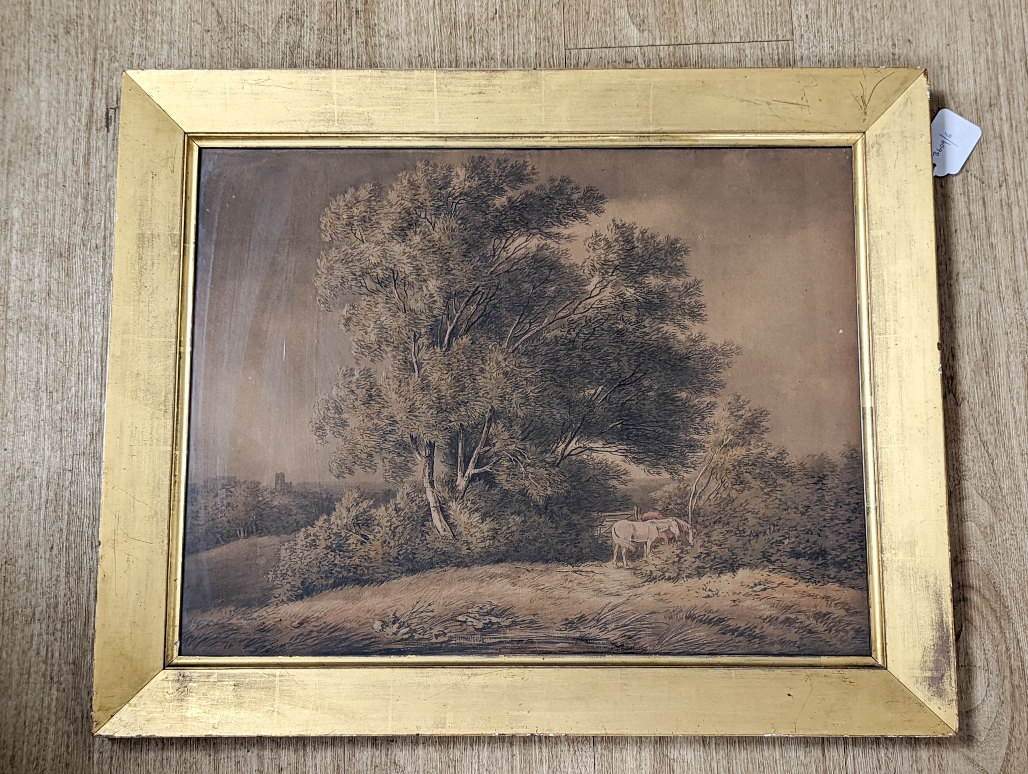 Early 19th century English School, watercolour, Horses in a stormy landscape, 38 x 49cm